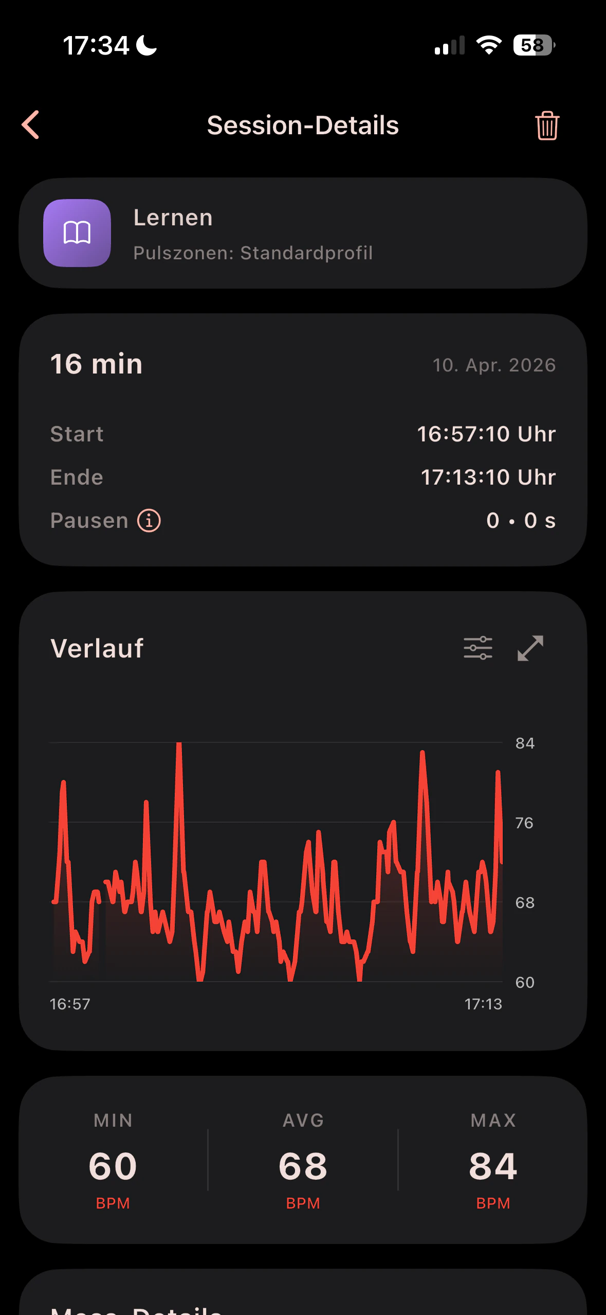 AirPulse Session-Details mit Tag, Verlauf und Herzfrequenzstatistiken