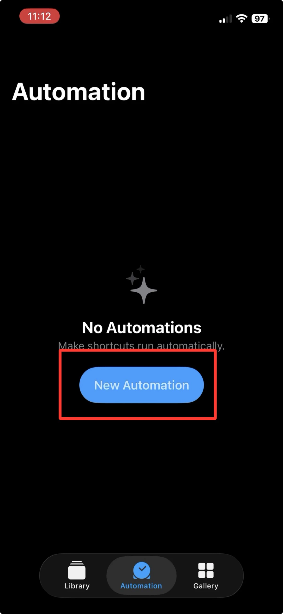 In Kurzbefehle ist die Schaltfläche New Automation markiert