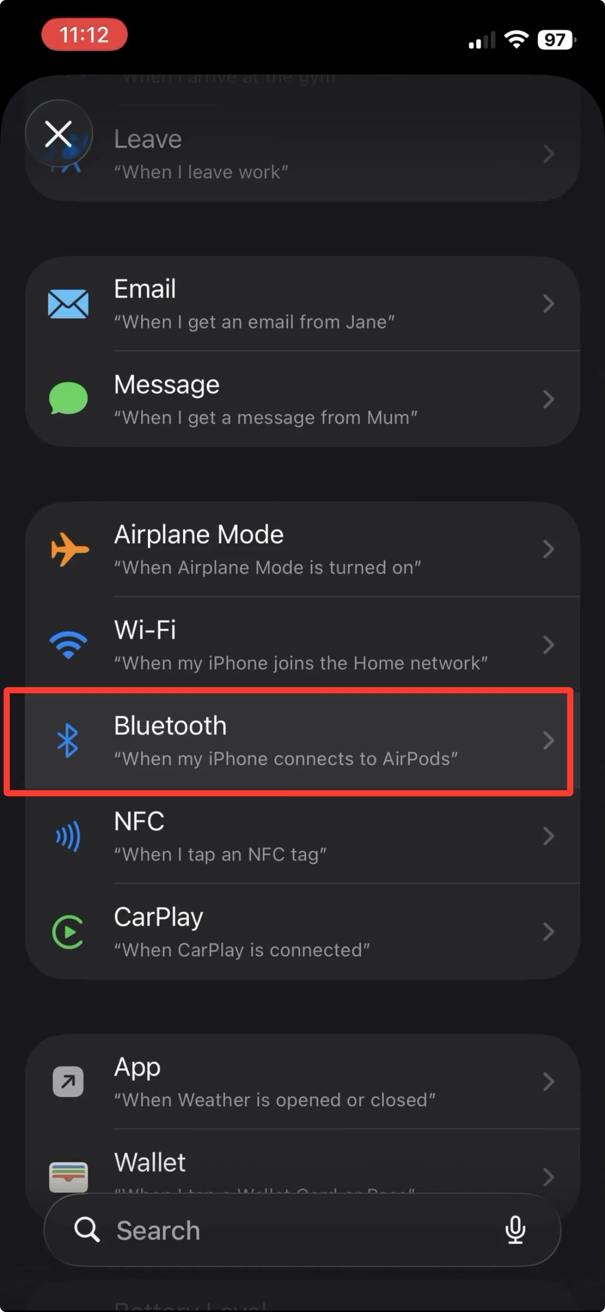 In der Liste der Automationsauslöser ist Bluetooth markiert