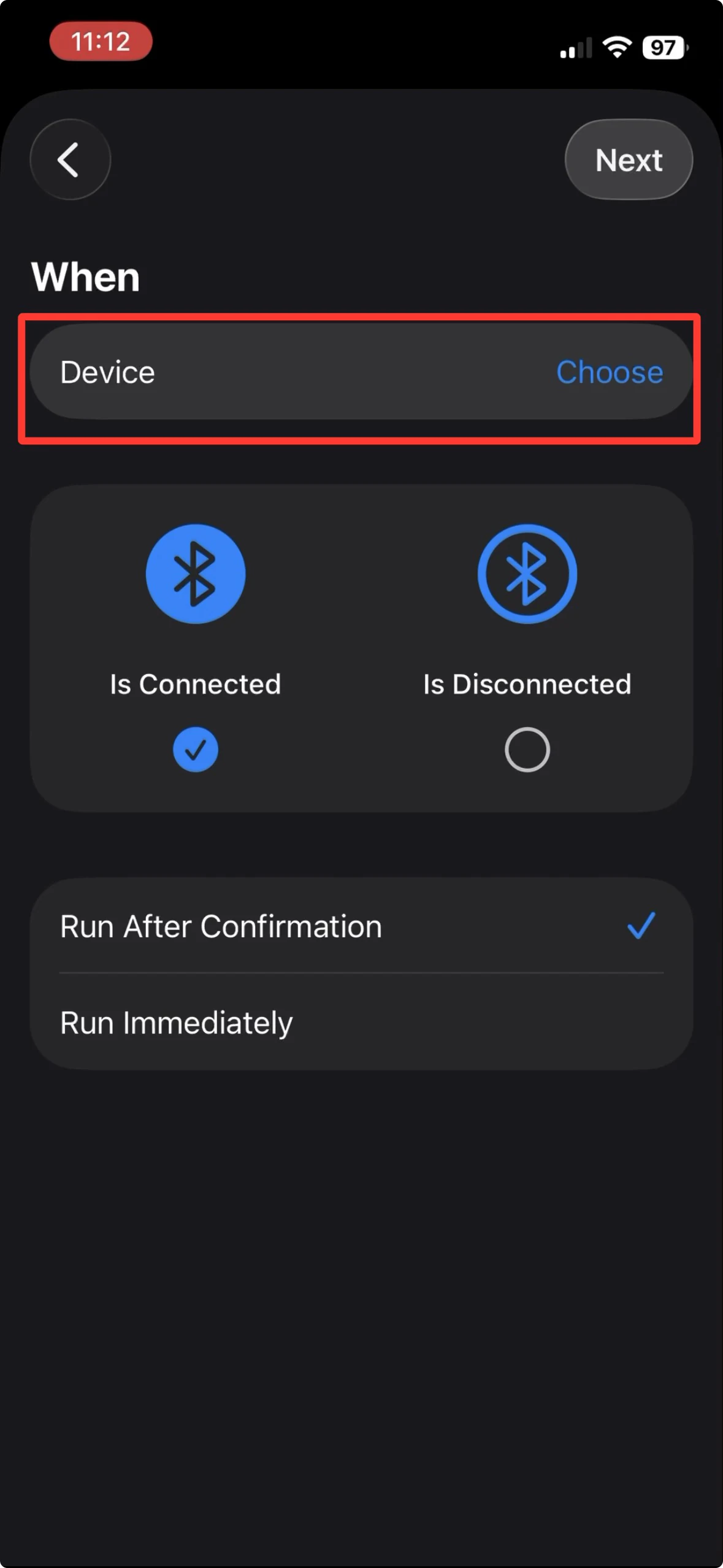 In der Bluetooth-Automation ist die Geräteauswahl Device markiert