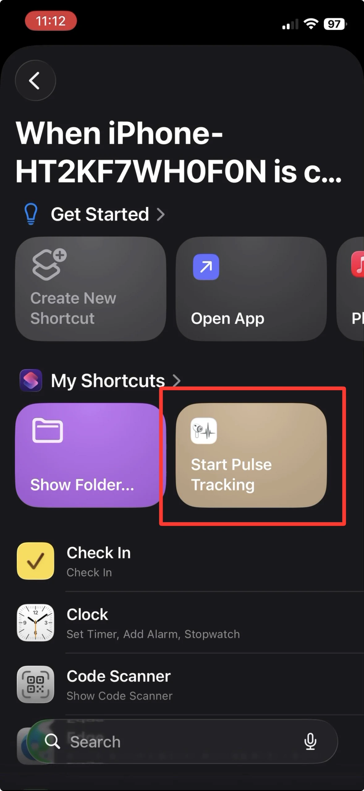 In der Automation ist der zuvor erstellte Kurzbefehl Start Pulse Tracking markiert